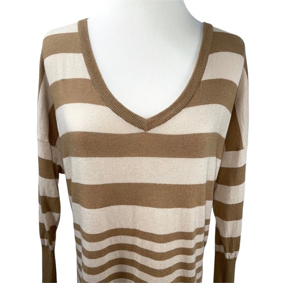 Joie Tan Striped Wool Cashmere Blend Long V-Neck Sweater Tunic Lightweight - Picture 3 of 11
